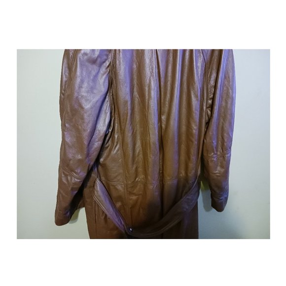 Vintage 80s Together Leather Double Breasted Maxi Trench Coat Brown Womens Sz 16 - Picture 8 of 16